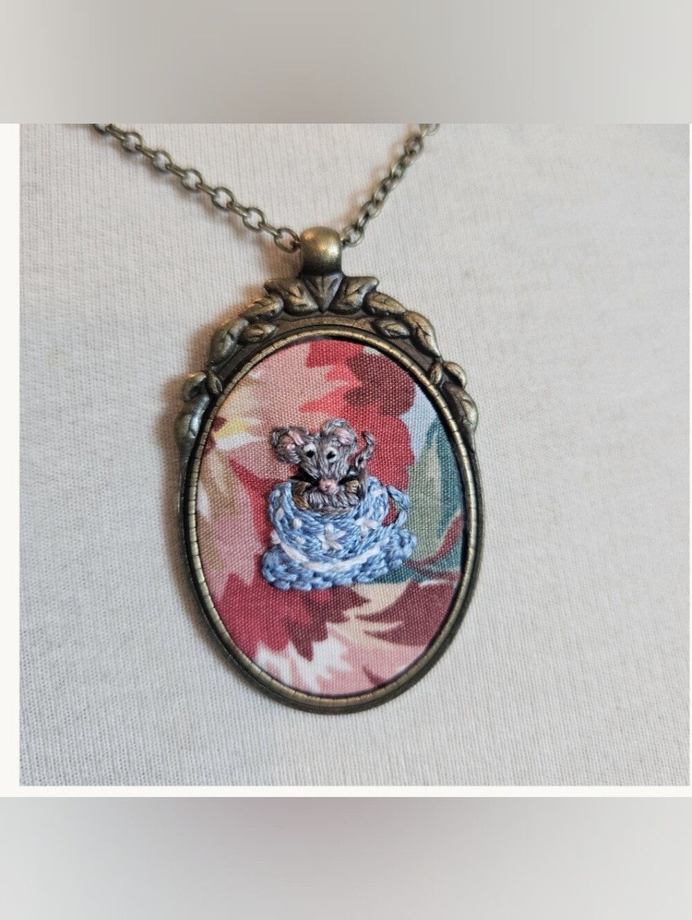 Adorable Mouse In Teacup Hand Embroidered Pendant Necklace
